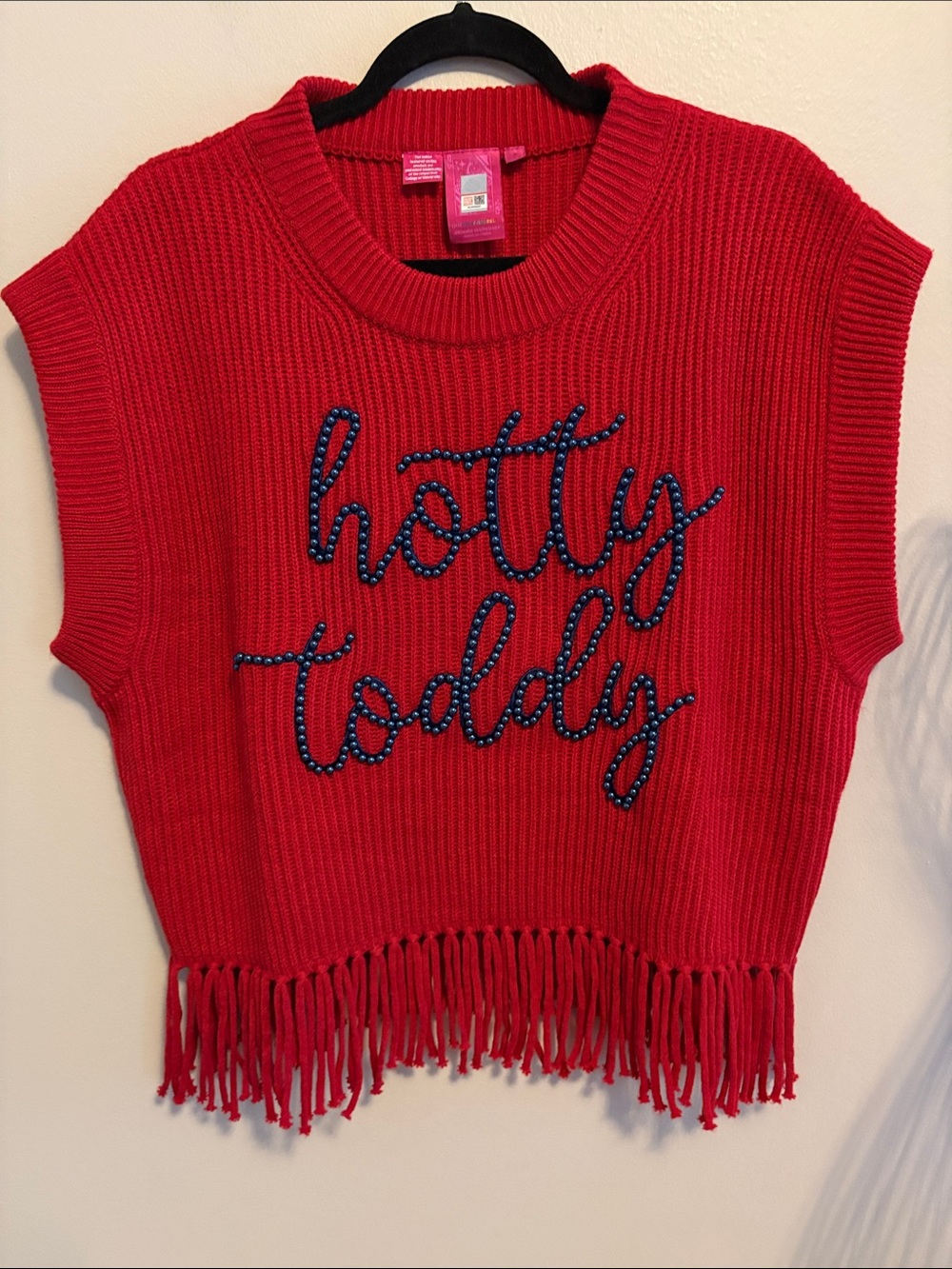 QUEEN OF SPARKLES Red Hot Toddy Ole Miss Sweater/Vest with Red Fringe